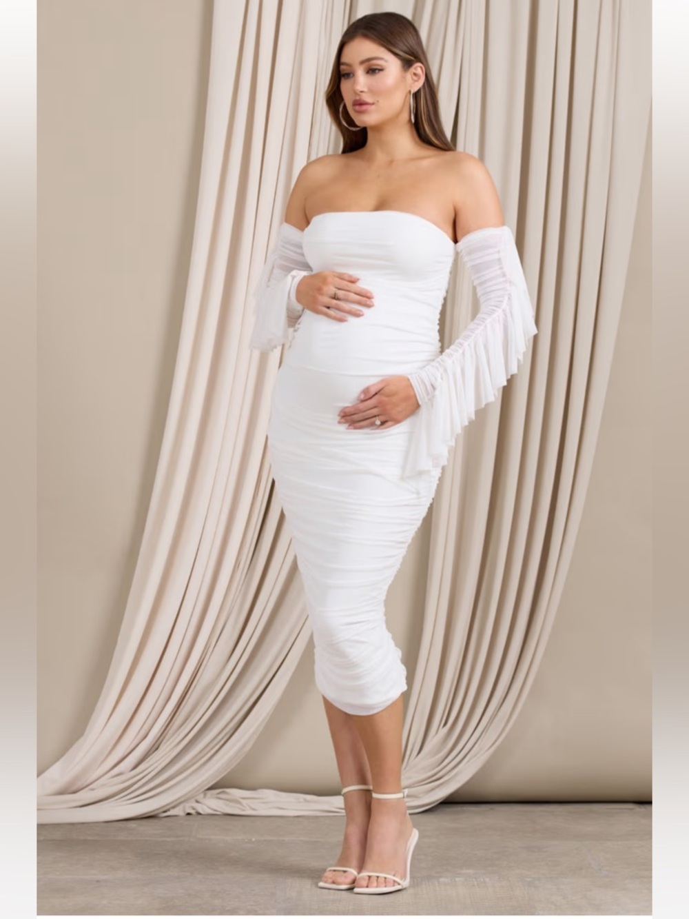 NWT CLUB‎ L LONDON SIZE 14 Aroma White Ruched Mesh Maternity Midi Dress Ruffle